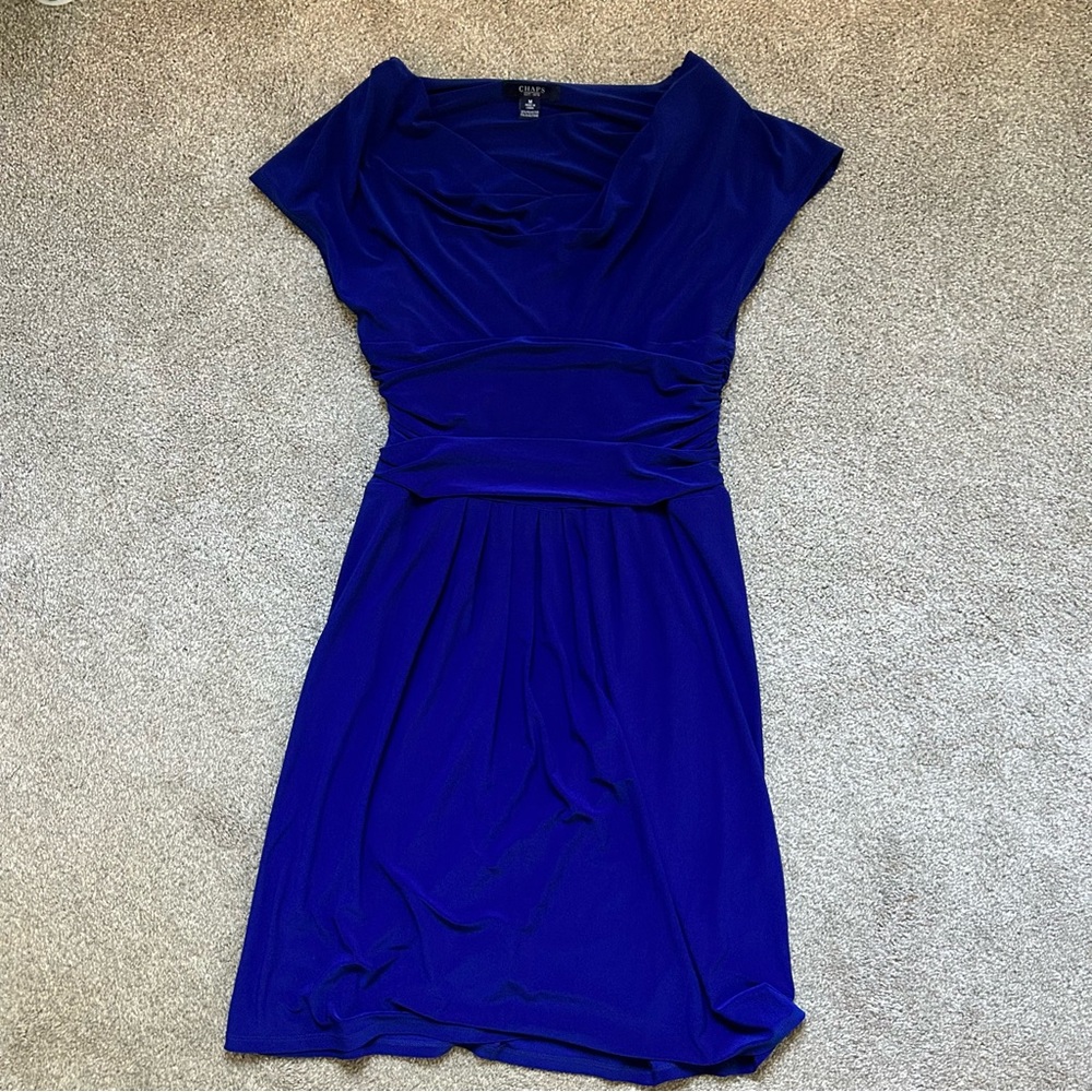 chaps women’s dress - royal blue slinky drape neck, ruched waist - size medium